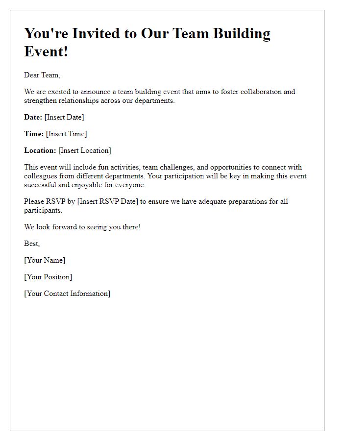 Letter template of team building event invitation for cross-departmental collaboration.