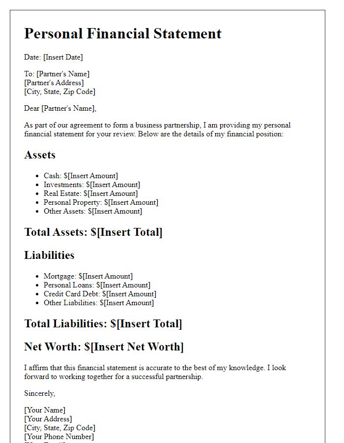 Letter template of personal financial statement for business partnership.