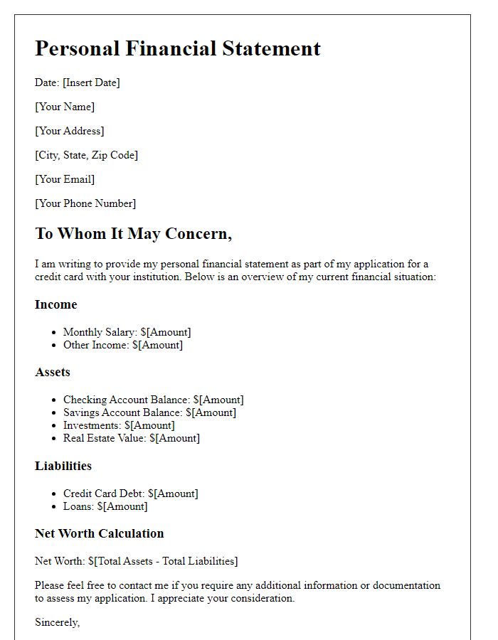 Letter template of personal financial statement for credit card application.
