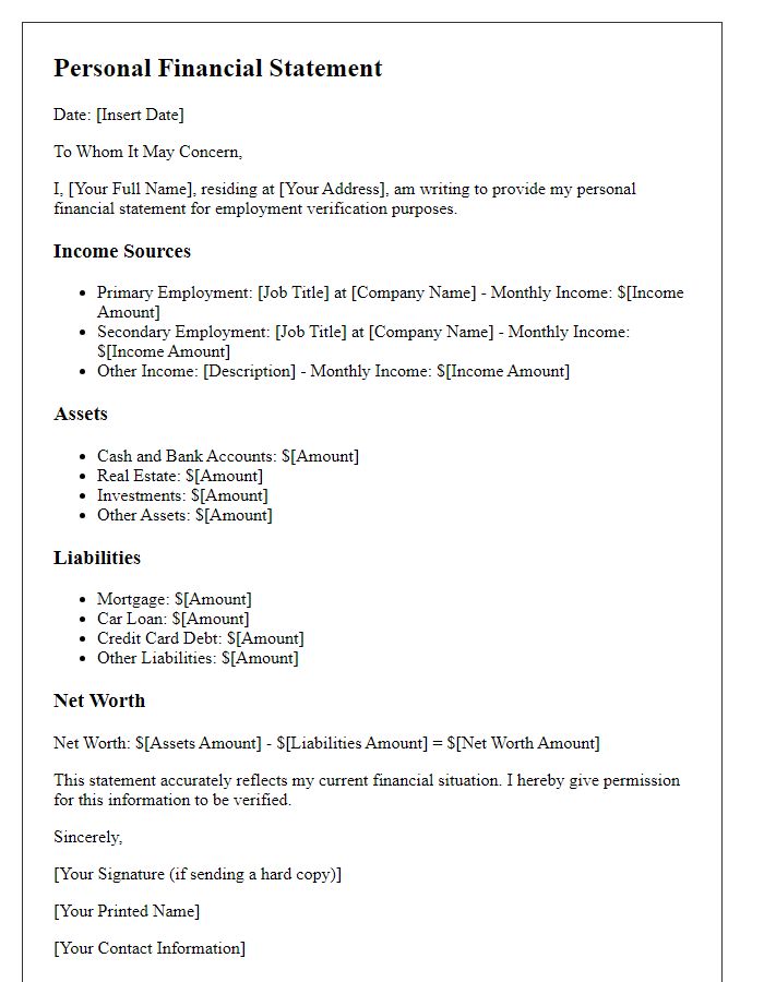 Letter template of personal financial statement for employment verification.