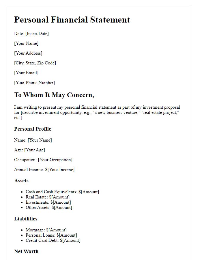 Letter template of personal financial statement for investment proposal.