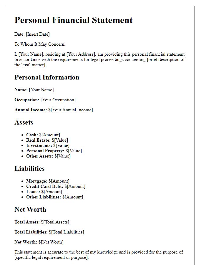 Letter template of personal financial statement for legal proceedings.