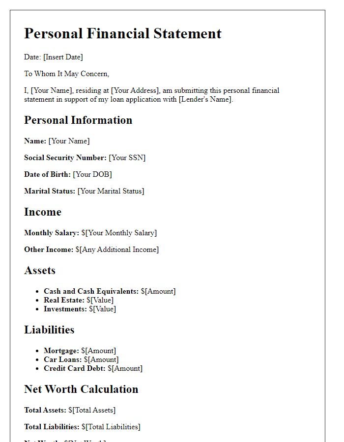 Letter template of personal financial statement for loan application.