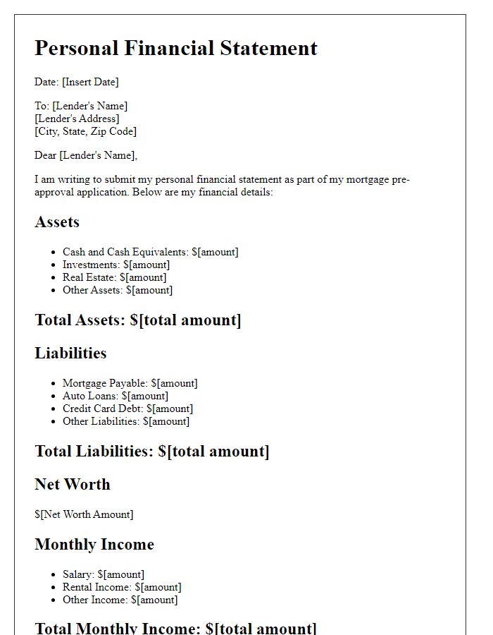 Letter template of personal financial statement for mortgage pre-approval.