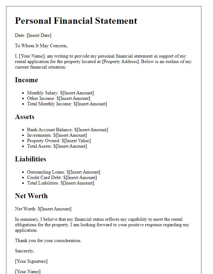 Letter template of personal financial statement for rental approval.