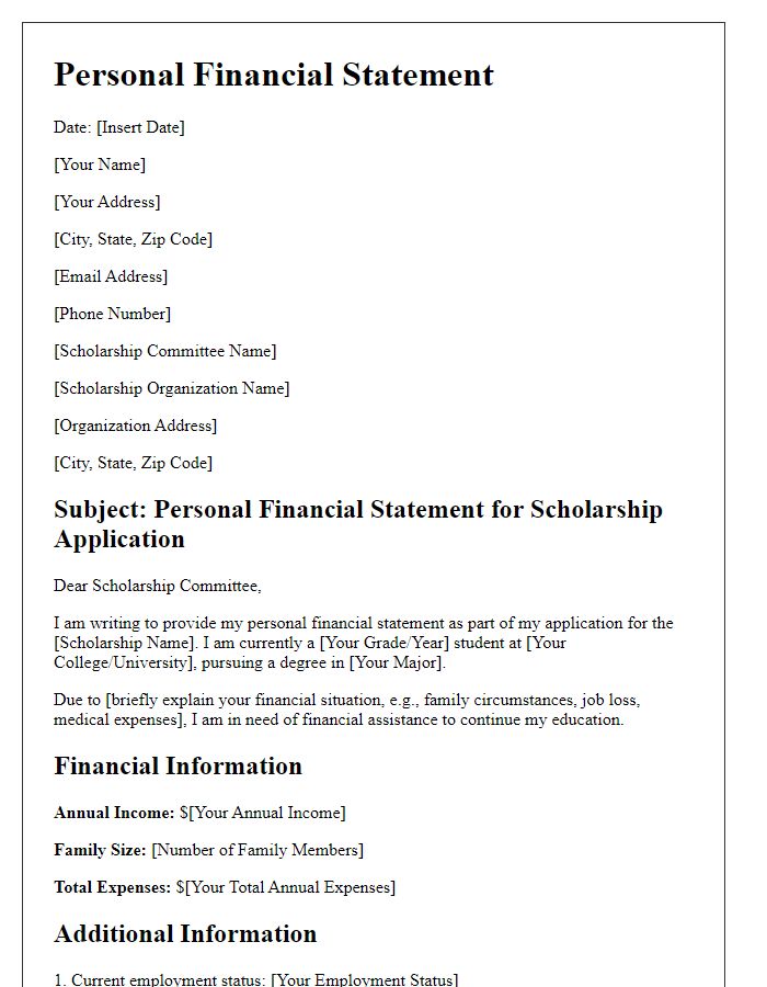 Letter template of personal financial statement for scholarship consideration.