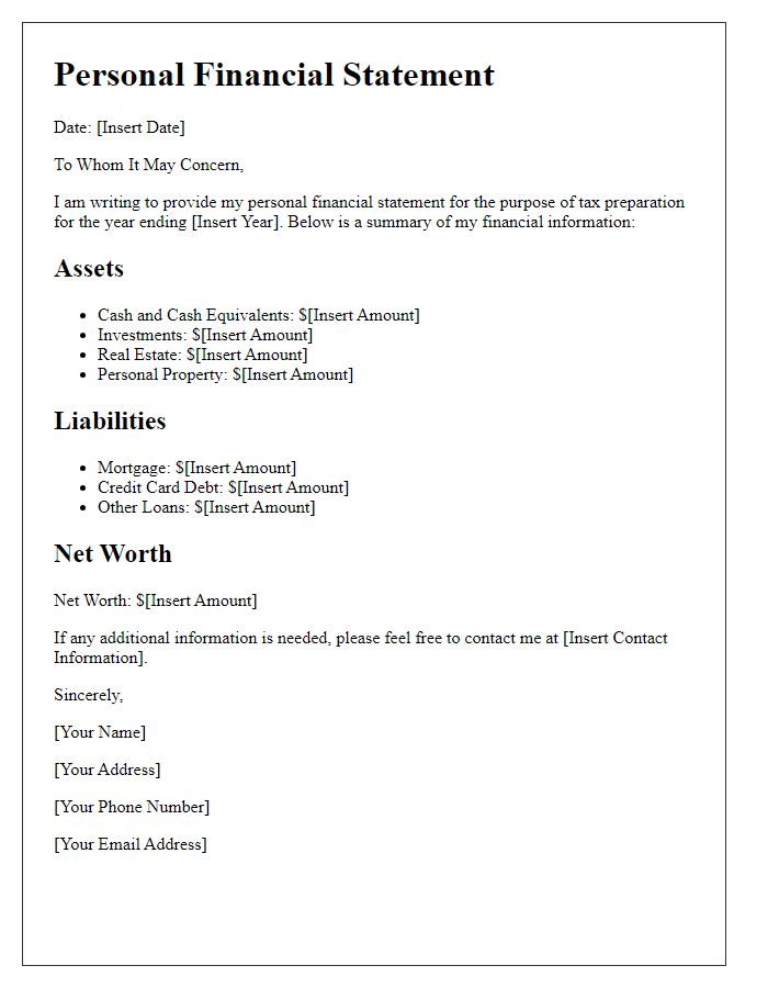 Letter template of personal financial statement for tax preparation.