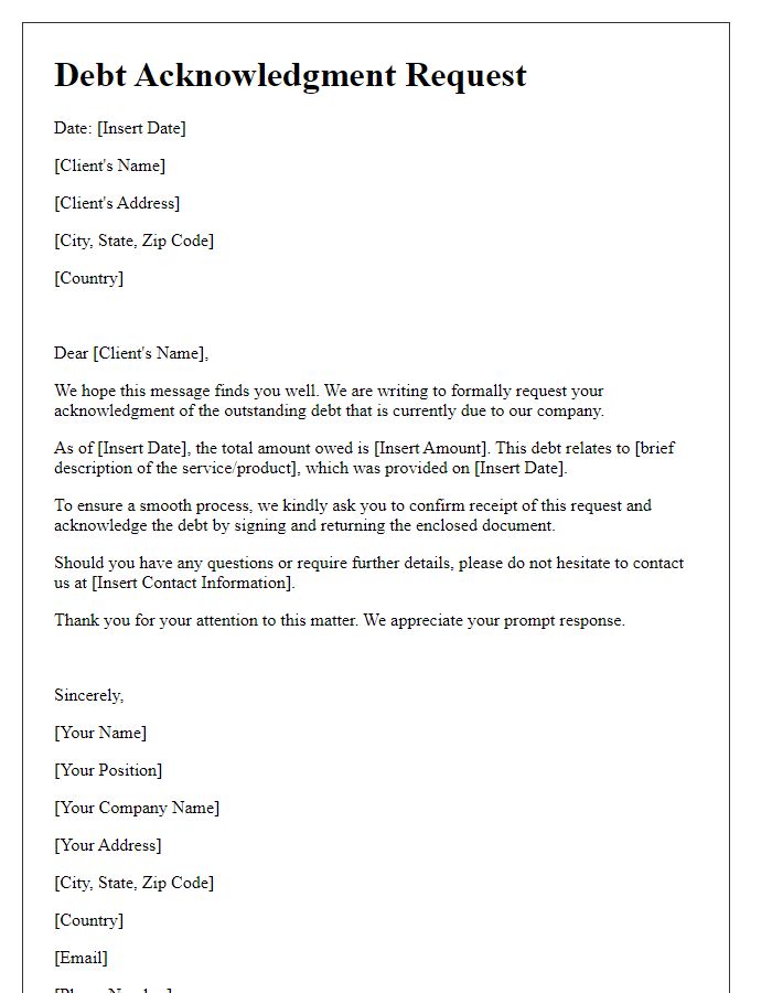 Letter template of debt acknowledgment request for overseas clients.