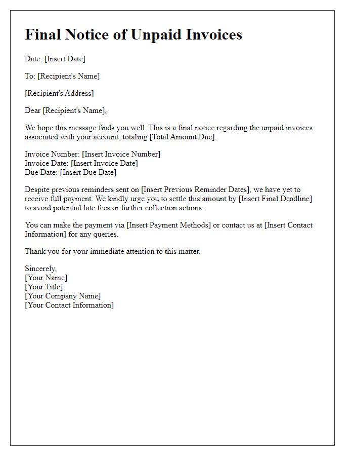 Letter template of final notice for unpaid global invoices.