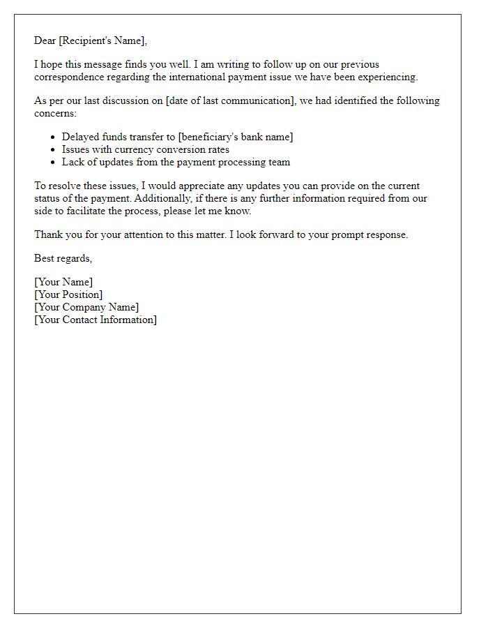 Letter template of follow-up communication for international payment issues.