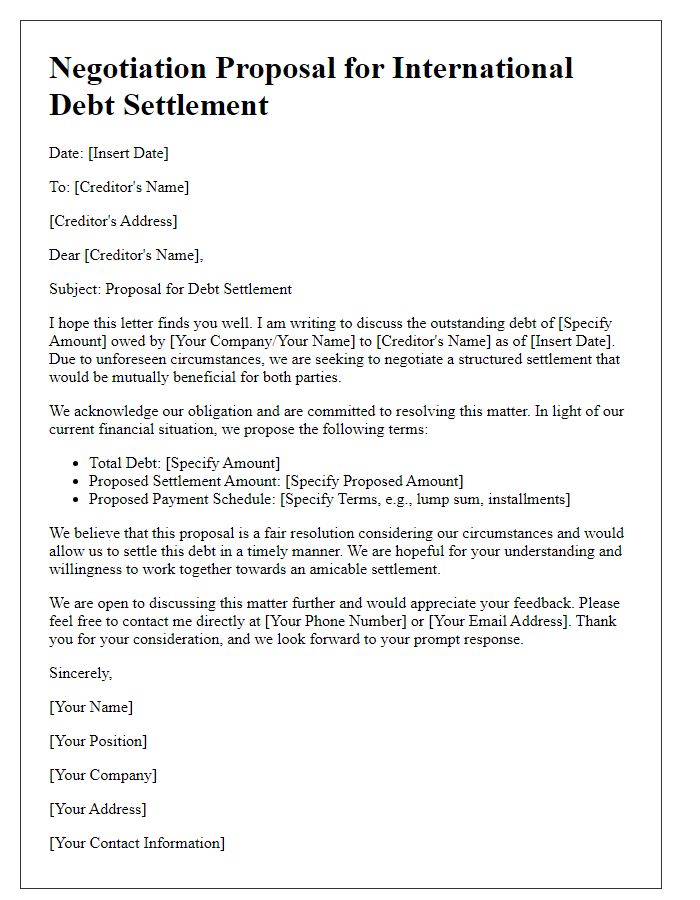 Letter template of negotiation proposal for international debt settlement.