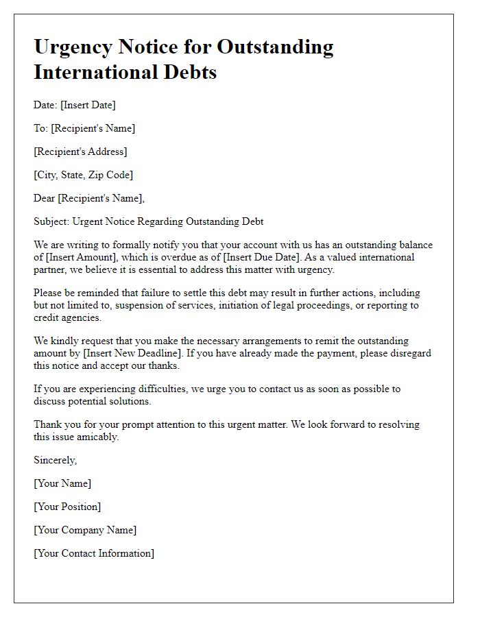 Letter template of urgency notice for outstanding international debts.