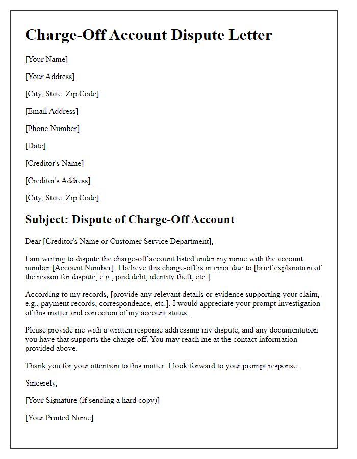 Letter template of charge-off account dispute