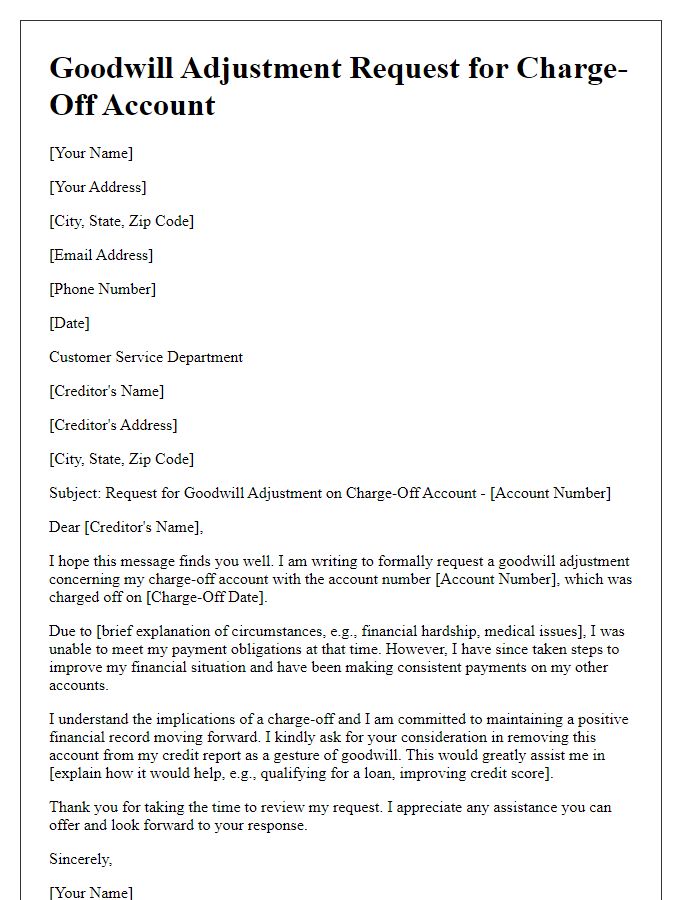 Letter template of charge-off account goodwill adjustment