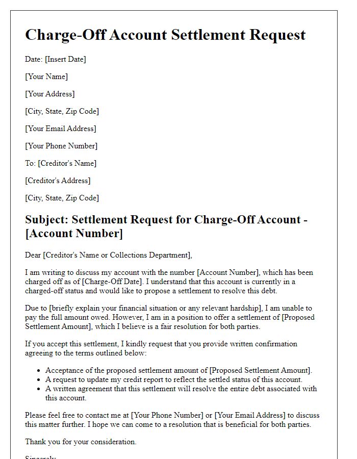 Letter template of charge-off account settlement request