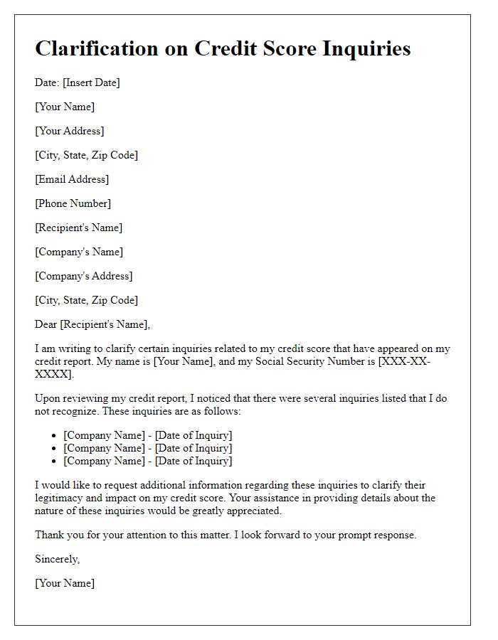 Letter template of clarification on credit score inquiries