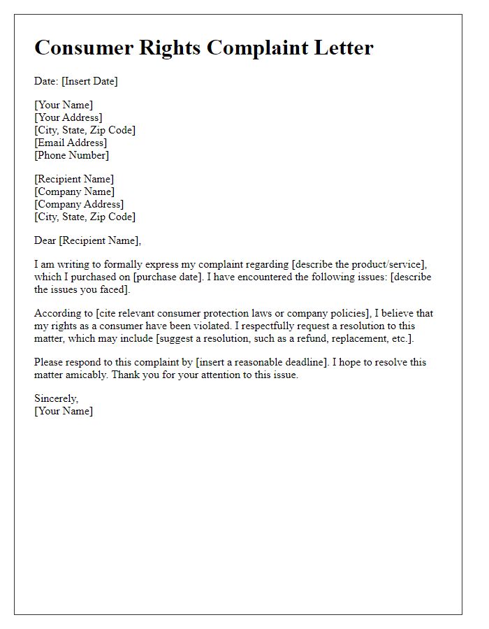 Letter template of consumer rights complaint