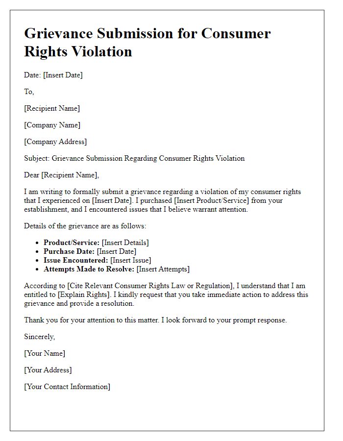 Letter template of consumer rights grievance submission