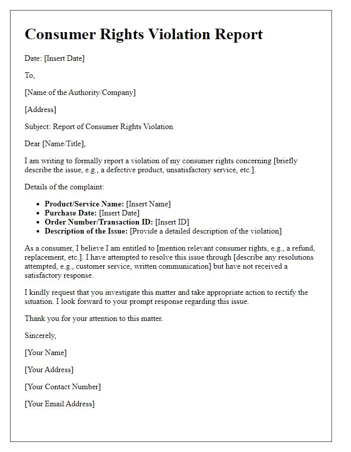 Letter template of consumer rights violation report