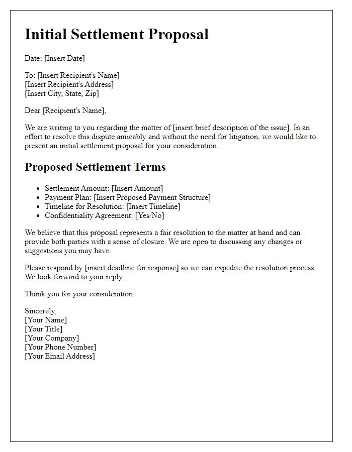 Letter template of initial settlement proposal for pre-litigation discussion