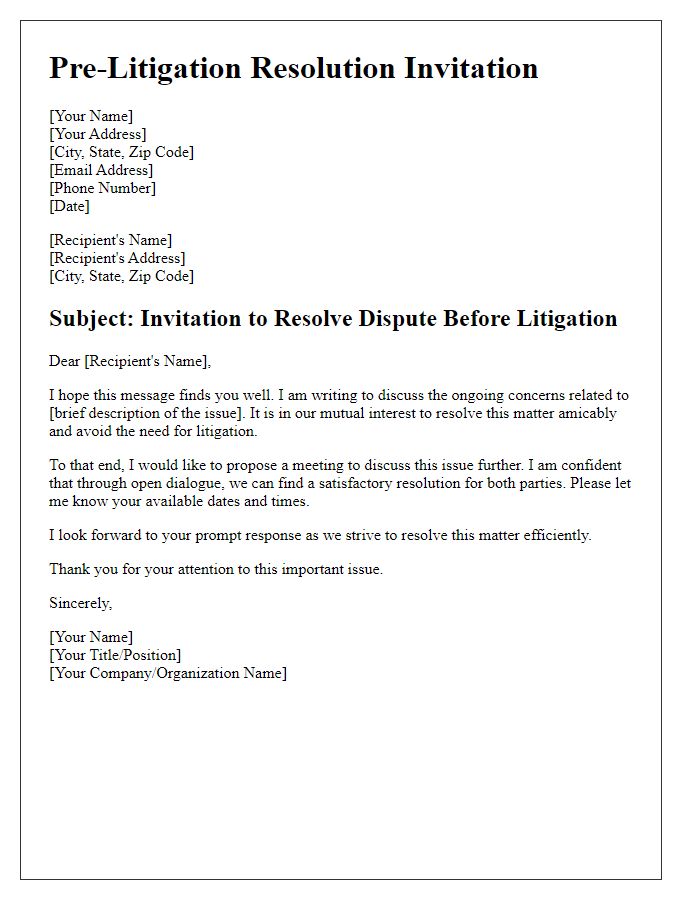 Letter template of pre-litigation resolution invitation letter