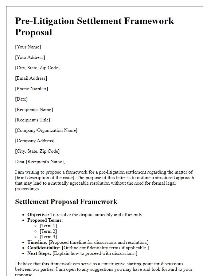 Letter template of pre-litigation settlement framework proposal