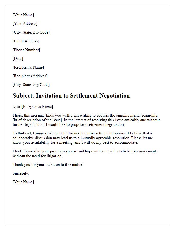 Letter template of settlement negotiation invitation before litigation