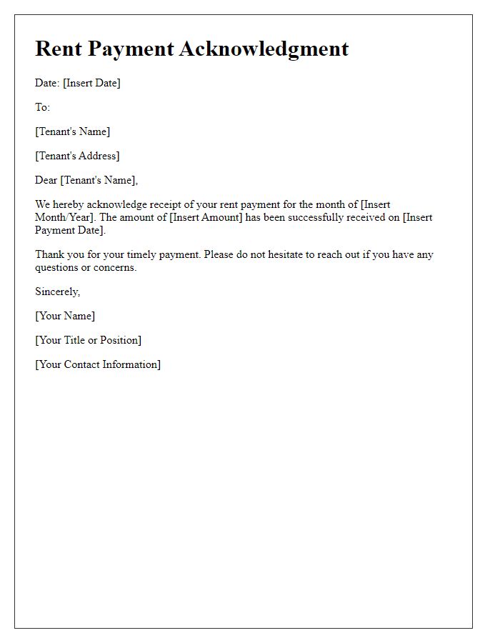 Letter template of rent payment acknowledgment