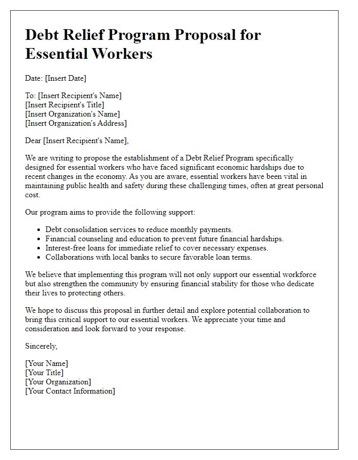 Letter template of a debt relief program proposal for essential workers impacted by economic changes.