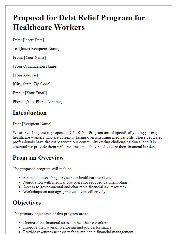 Letter template of a debt relief program proposal for healthcare workers facing medical bills.