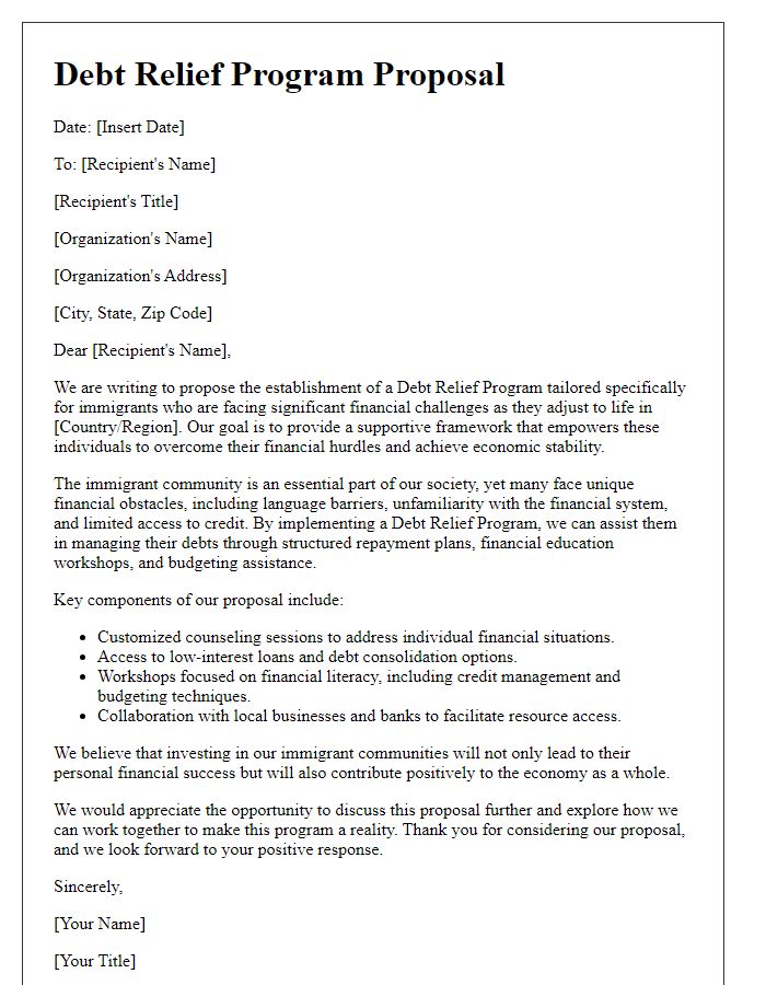 Letter template of a debt relief program proposal for immigrants adjusting to financial challenges.