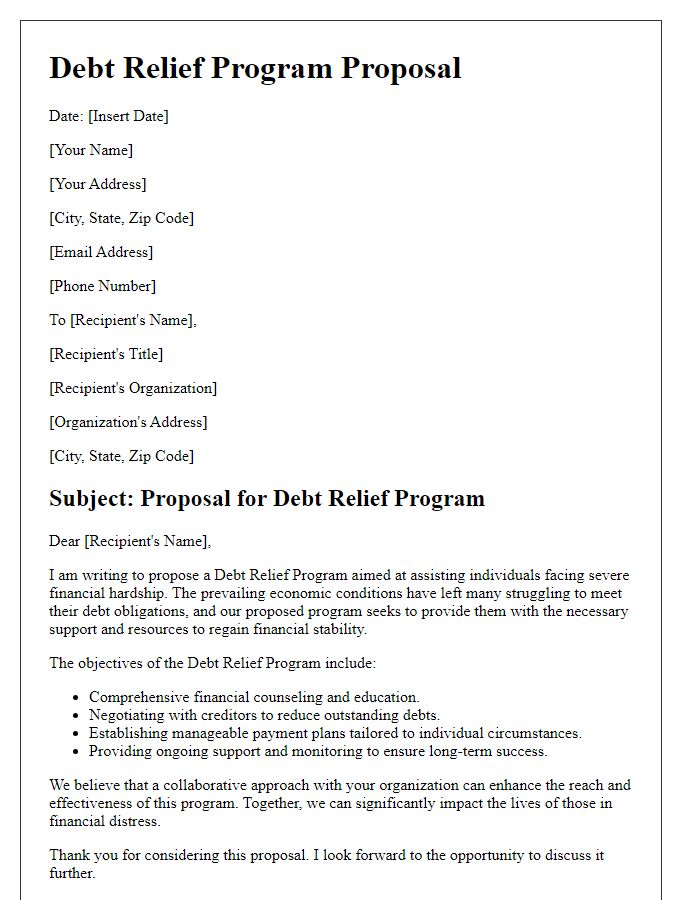 Letter template of a debt relief program proposal for individuals facing financial hardship.