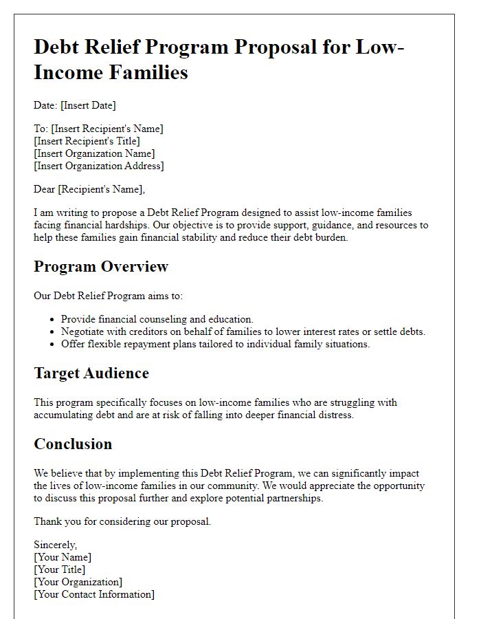 Letter template of a debt relief program proposal for low-income families.