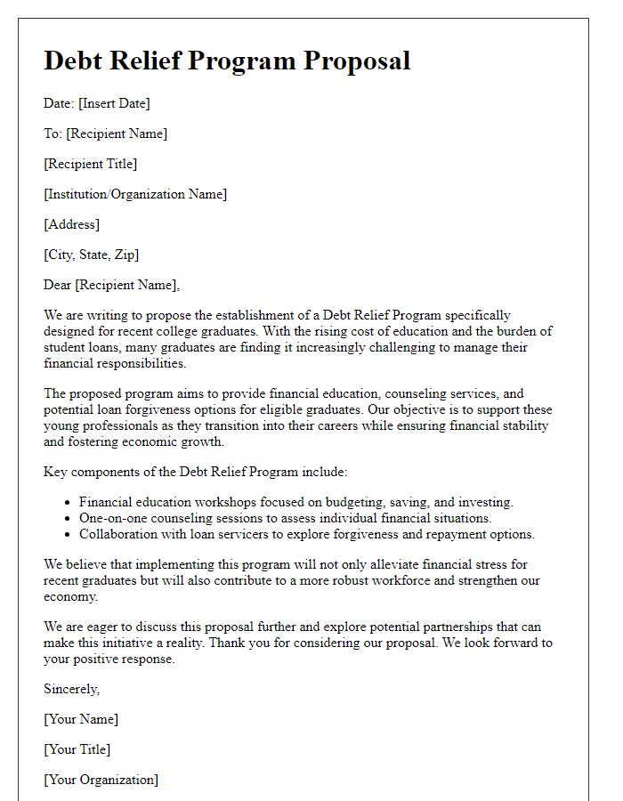 Letter template of a debt relief program proposal for recent college graduates.