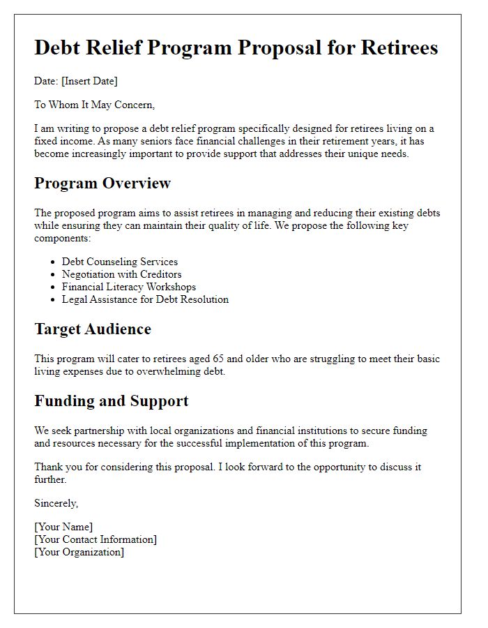 Letter template of a debt relief program proposal for retirees living on a fixed income.