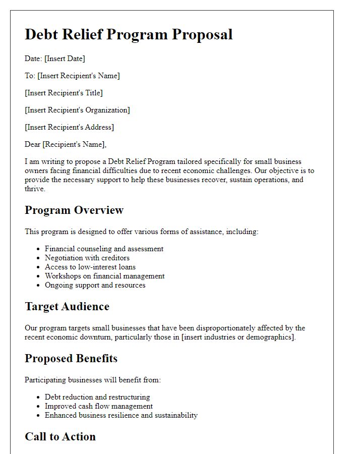 Letter template of a debt relief program proposal for small business owners.