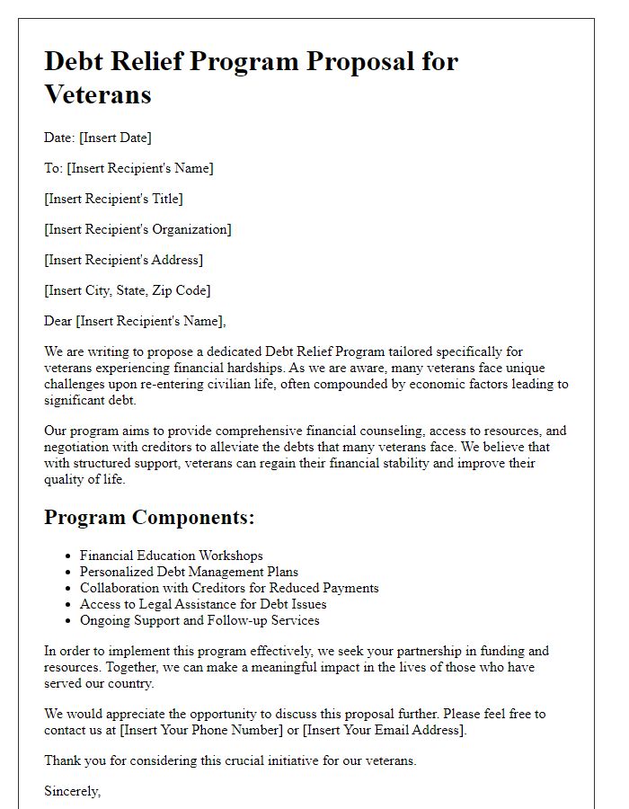 Letter template of a debt relief program proposal for veterans in financial distress.