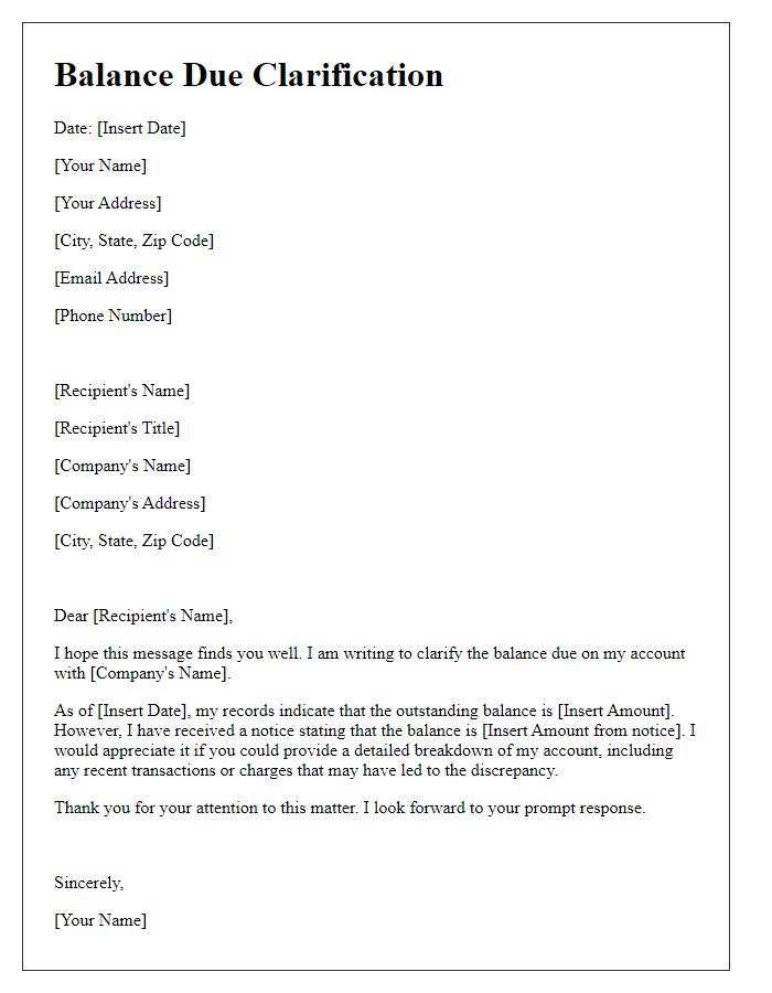 Letter template of balance due clarification
