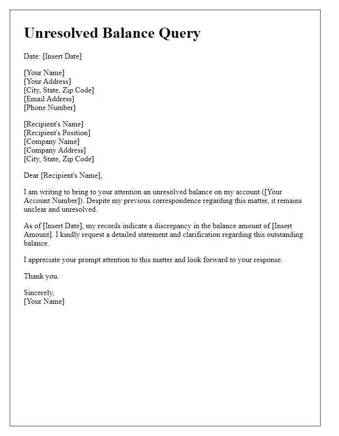 Letter template of unresolved balance query