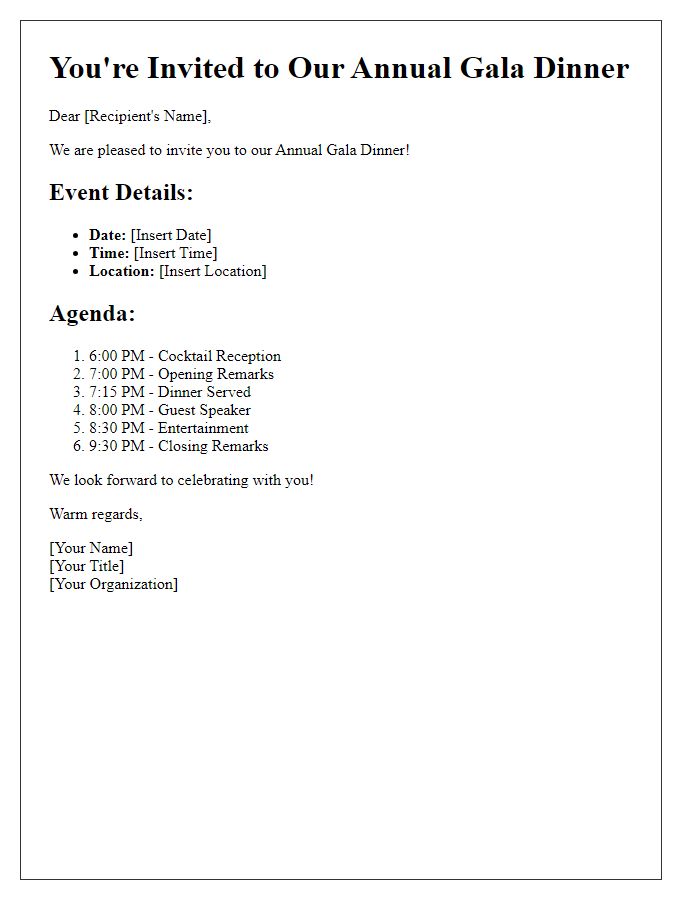 Letter template of gala dinner invitation with agenda