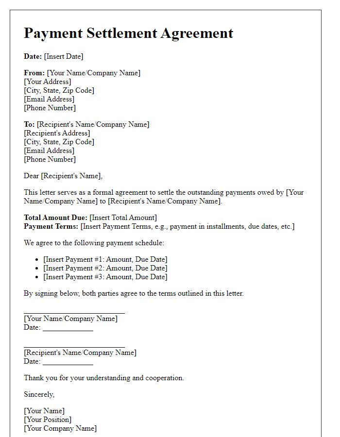 Letter template of agreement to settle payments