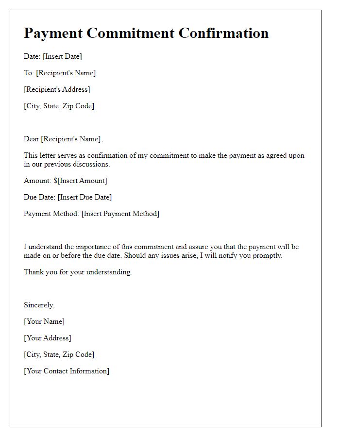 Letter template of payment commitment confirmation