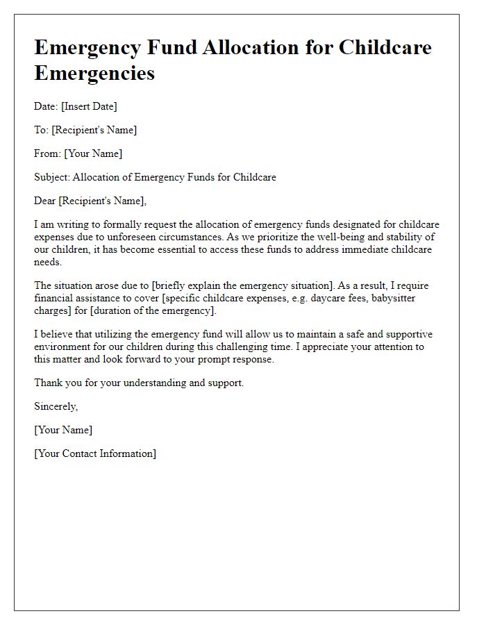 Letter template of emergency fund allocation for childcare emergencies