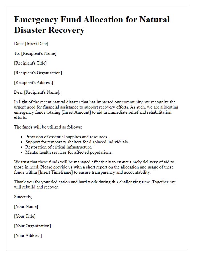 Letter template of emergency fund allocation for natural disaster recovery