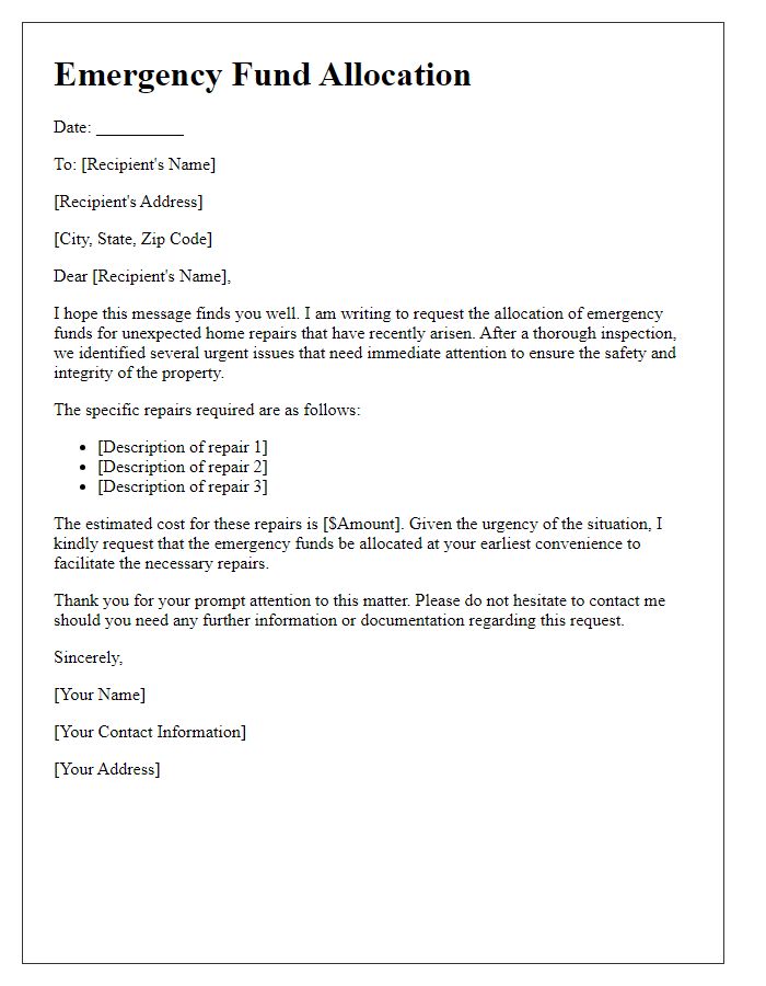 Letter template of emergency fund allocation for unexpected home repairs