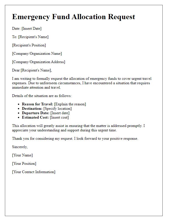 Letter template of emergency fund allocation for urgent travel needs