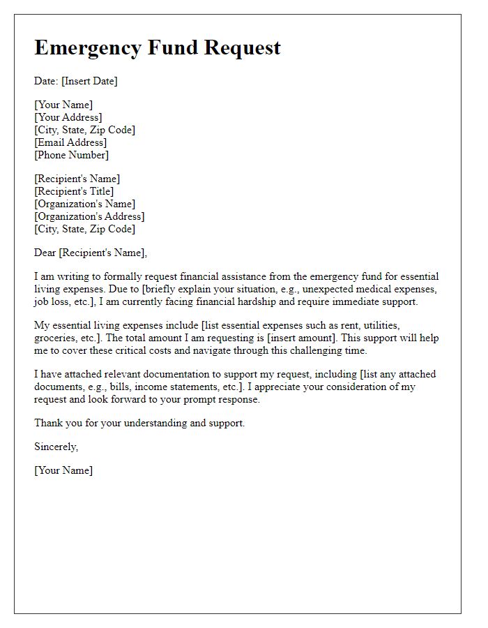 Letter template of emergency fund request for essential living expenses