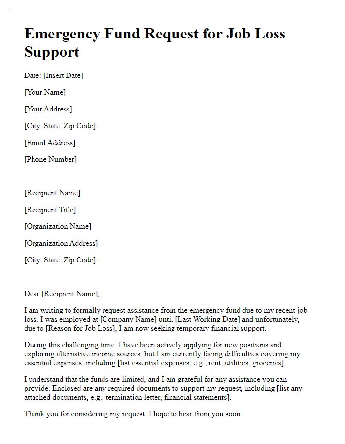 Letter template of emergency fund request for job loss support