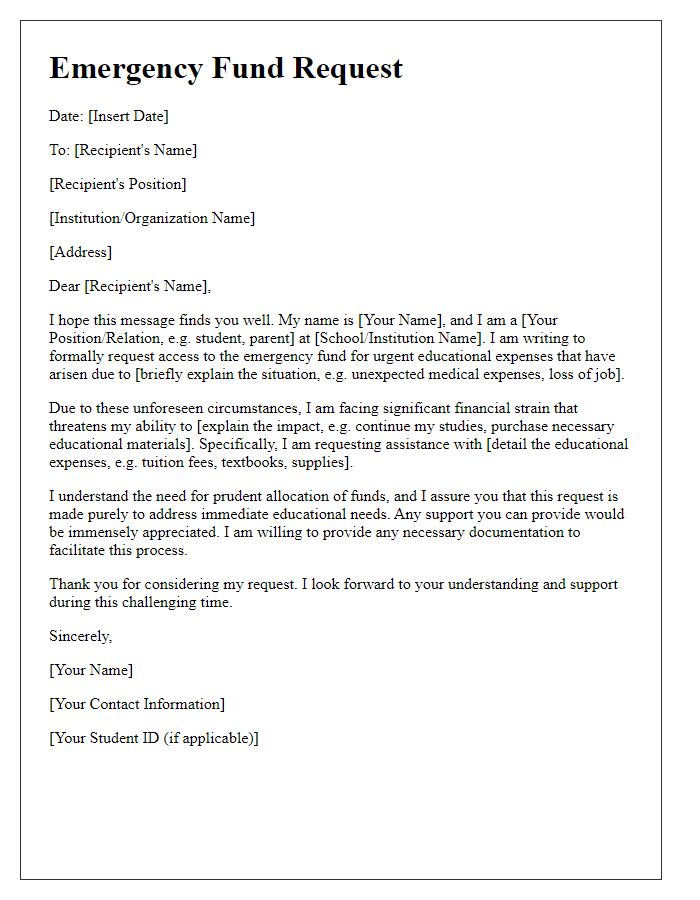 Letter template of emergency fund request for urgent educational expenses