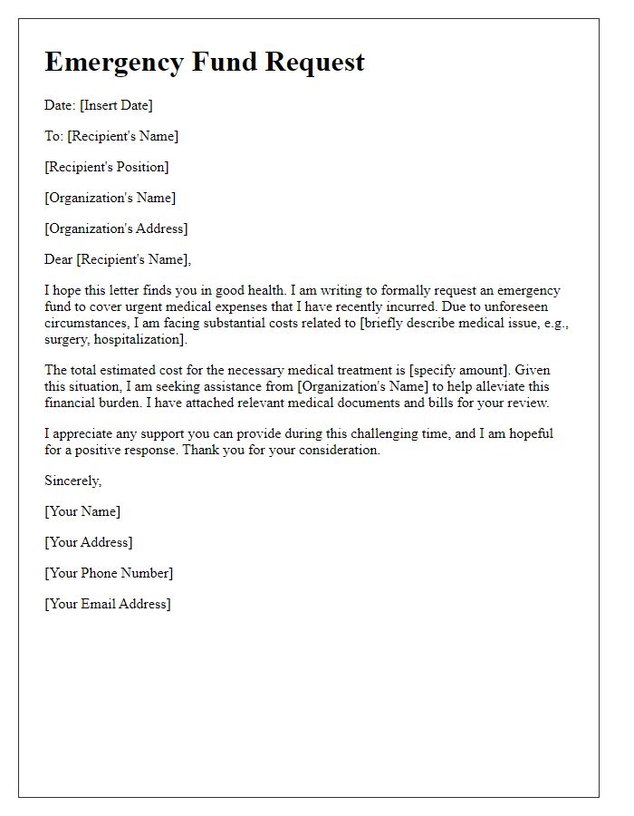 Letter template of emergency fund request for urgent medical expenses